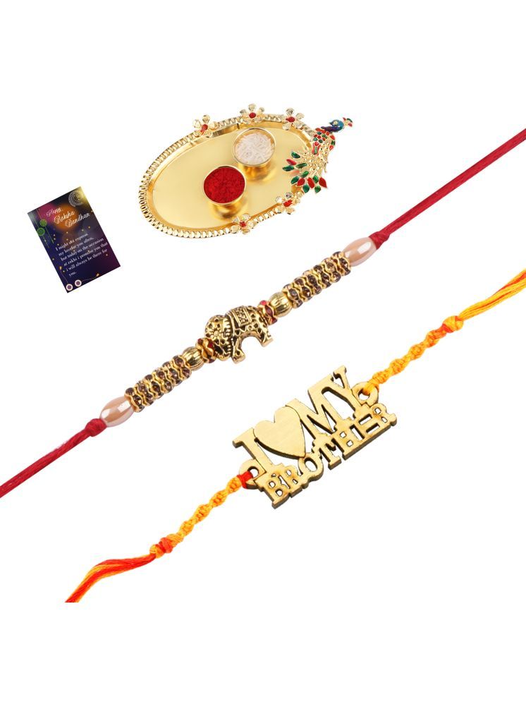     			Stylish Bhaiya Rakhi " I LOVE MY BROTHER" Designer Pendent With Designer Look "Elephant" Rakhi Combo For Bhaiya With Roli Chawal And Greeting Card 1 Kankawati Pooja Thali