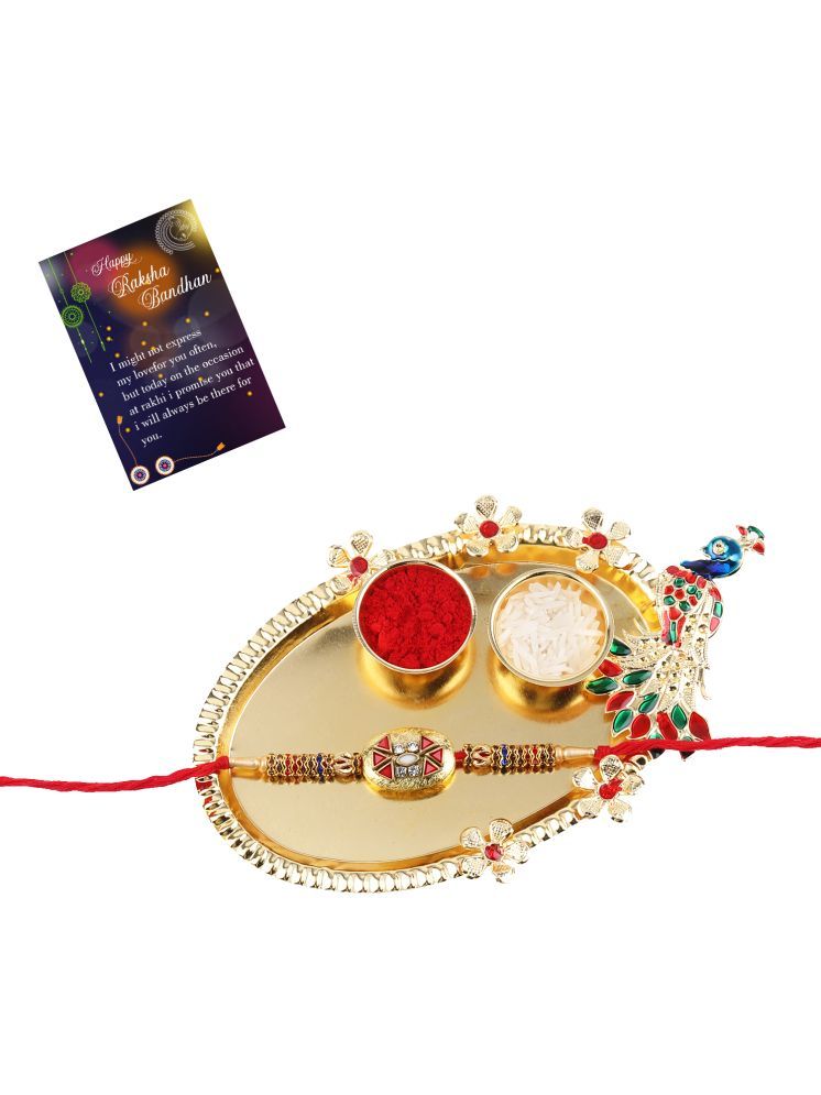     			Stylish Designer Look Rakhi For Bhaiya/Brother/Bhai With Roli Chawal And 1 Greeting Card 1 Kankawati Pooja Thali