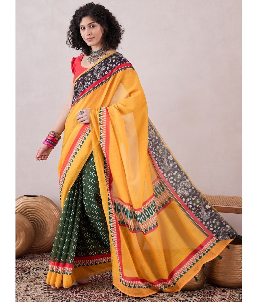     			Vaamsi Linen Printed Saree With Blouse Piece - Yellow ( Pack of 1 )