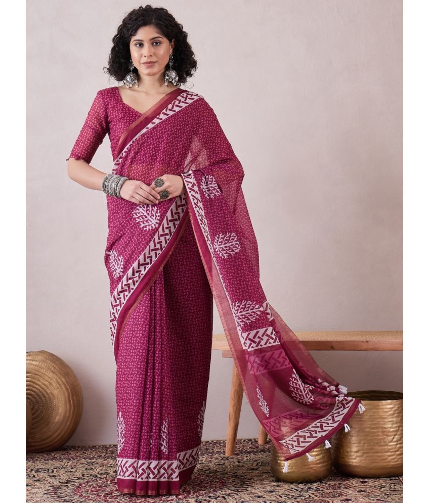     			Vaamsi Linen Printed Saree With Blouse Piece - Pink ( Pack of 1 )