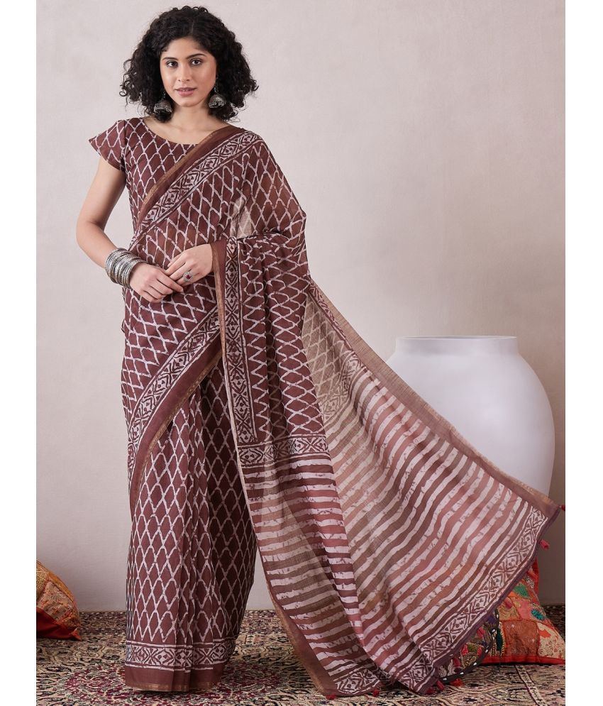     			Vaamsi Linen Printed Saree With Blouse Piece - Brown ( Pack of 1 )