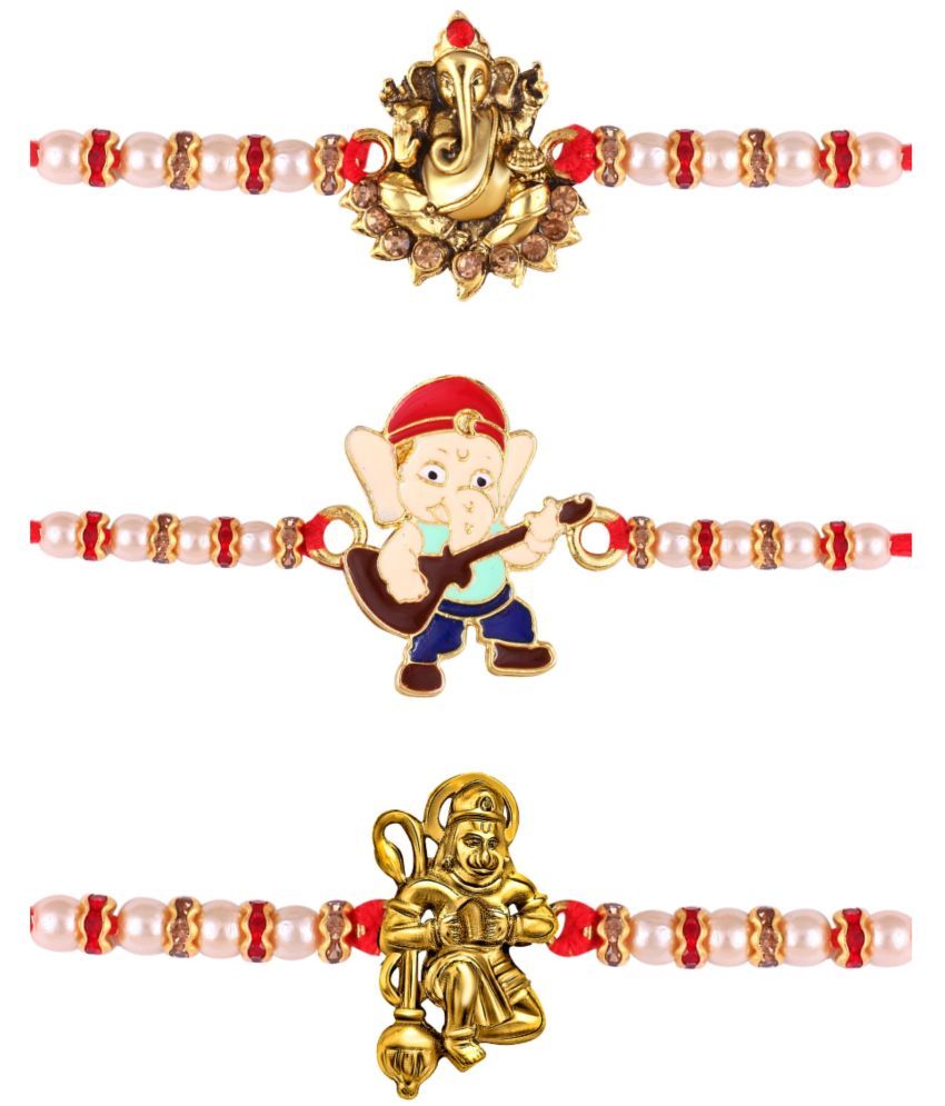     			Vighnaharta Ganesh Hanuman combo Gold and Rhodium Plated Alloy Kids Rakhi for Lovely Brother pack of 3[VFJ1157-1155-1156RKG]