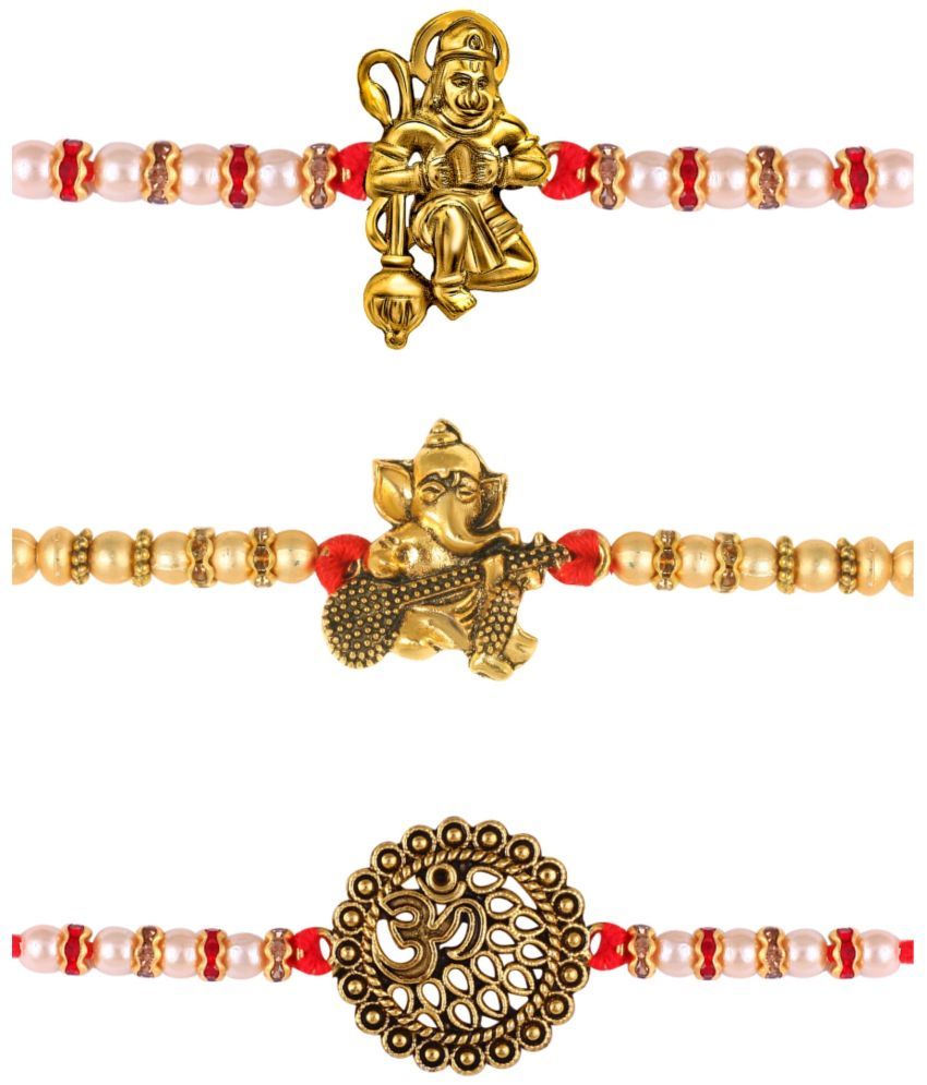     			Vighnaharta Ganesh Om Hanuman ji combo Gold and Rhodium Plated Alloy Kids Rakhi for Lovely Brother pack of 3[VFJ1156-1111-1145RKG]