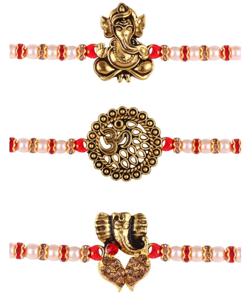     			Vighnaharta Ganesh Om combo Gold and Rhodium Plated Alloy Kids Rakhi for Lovely Brother pack of 3[VFJ1143-1145-1144RKG]