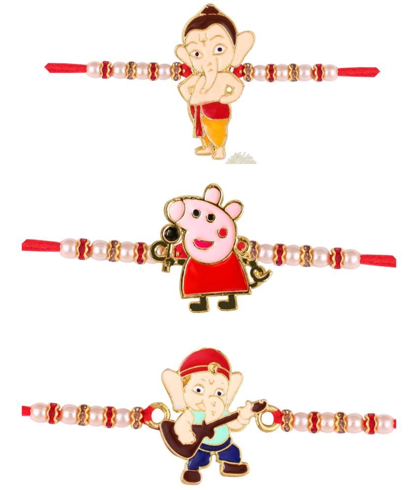     			Vighnaharta Ganesh and peppa Pig combo Gold and Rhodium Plated Alloy Kids Rakhi for Lovely Brother pack of 3[VFJ1146-1158-1155RKG]