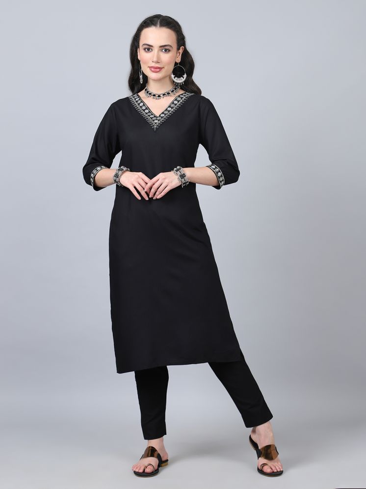     			Flamboyant Rayon Embroidered Straight Women's Kurti - Black ( Pack of 1 )