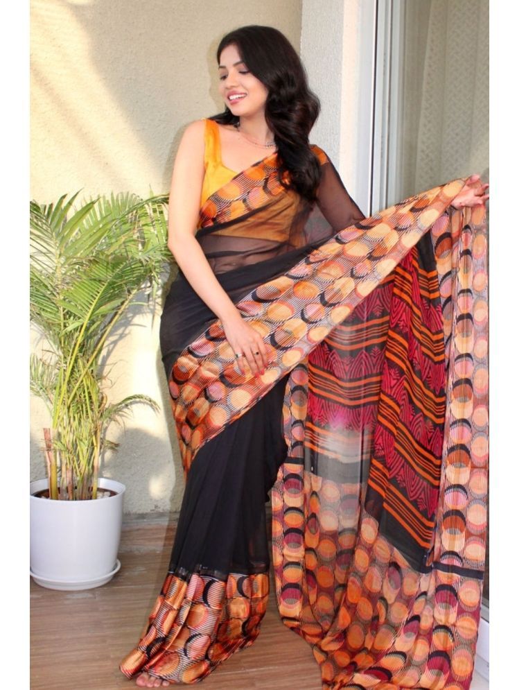     			Sanwariya Silks Georgette Printed Saree With Blouse Piece - Black ( Pack of 1 )