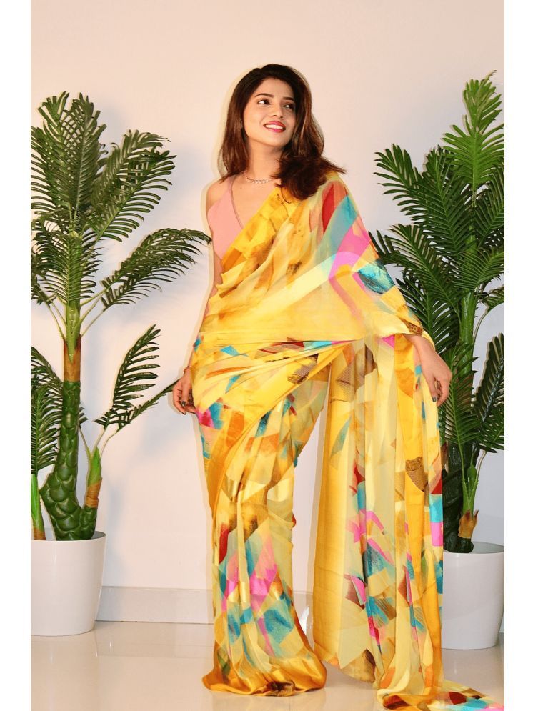     			Sanwariya Silks Georgette Printed Saree With Blouse Piece - Yellow ( Pack of 1 )