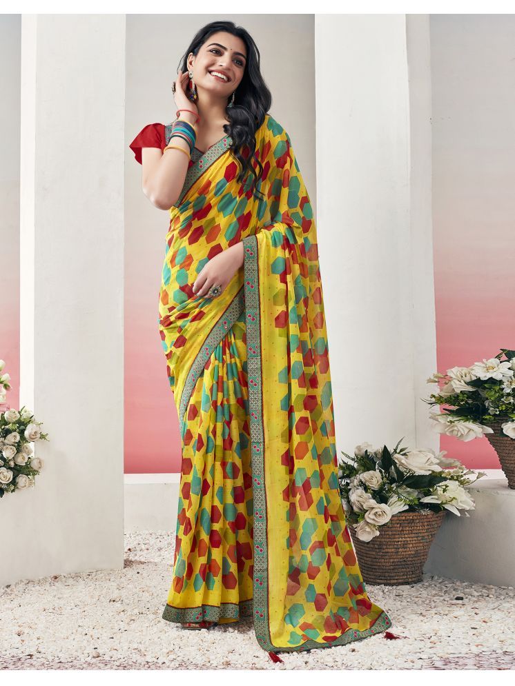     			Satrani Chiffon Printed Saree With Blouse Piece - Yellow ( Pack of 1 )