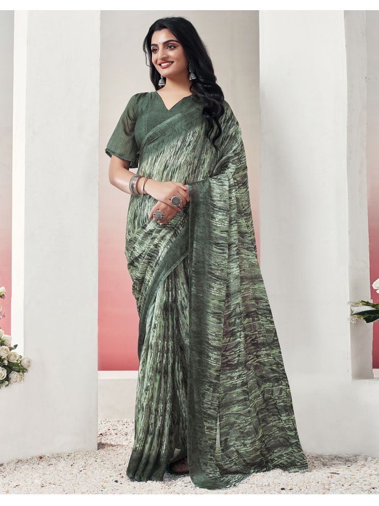     			Satrani Chiffon Printed Saree With Blouse Piece - Olive ( Pack of 1 )