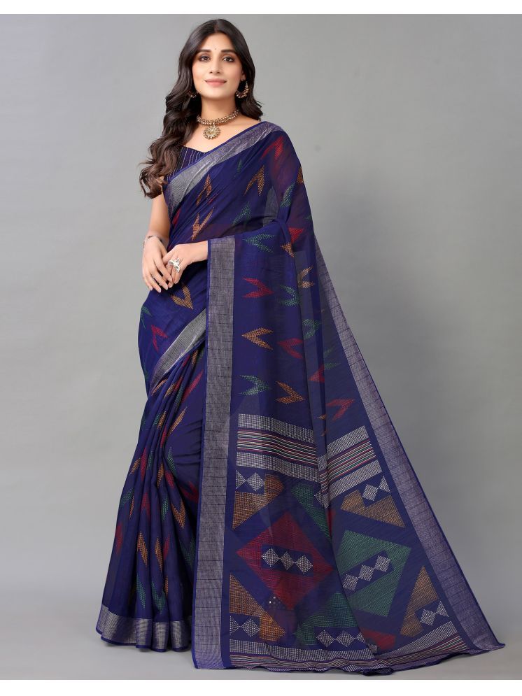     			Satrani Cotton Blend Woven Saree With Blouse Piece - Blue ( Pack of 1 )