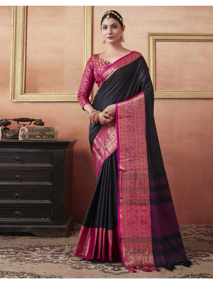     			Satrani Silk Woven Saree With Blouse Piece - Black ( Pack of 1 )