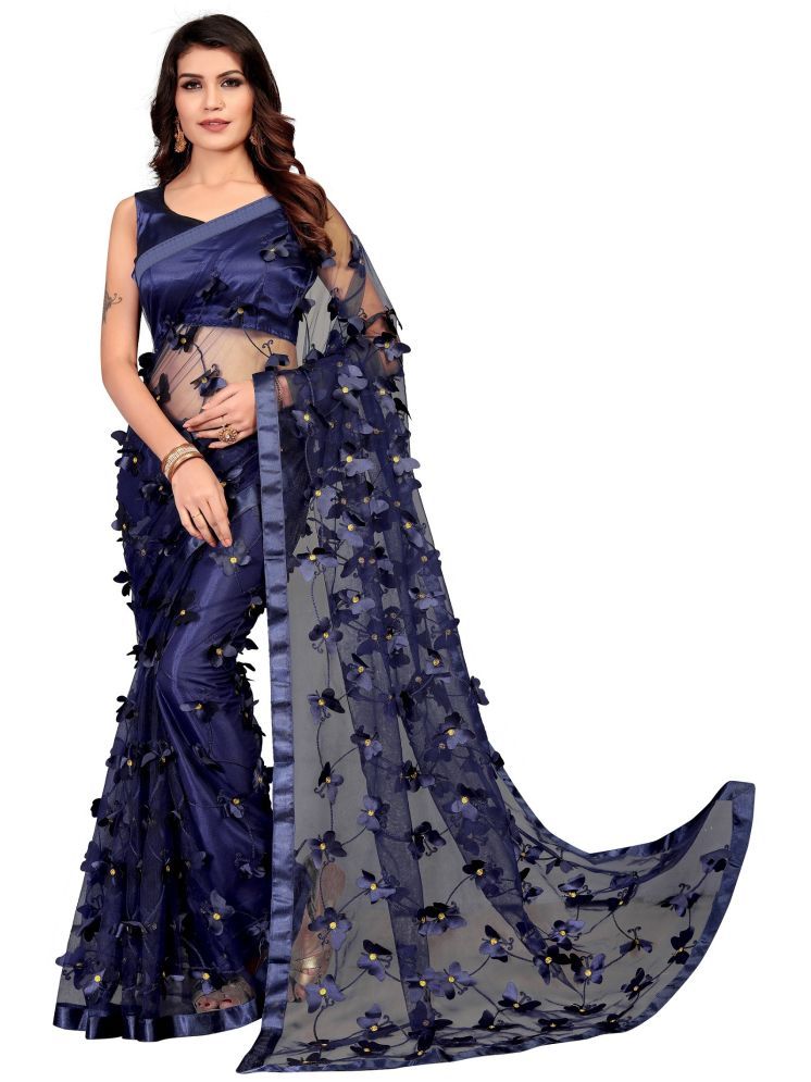     			Lady Shopi Net Applique Saree With Blouse Piece - Navy Blue ( Pack of 1 )