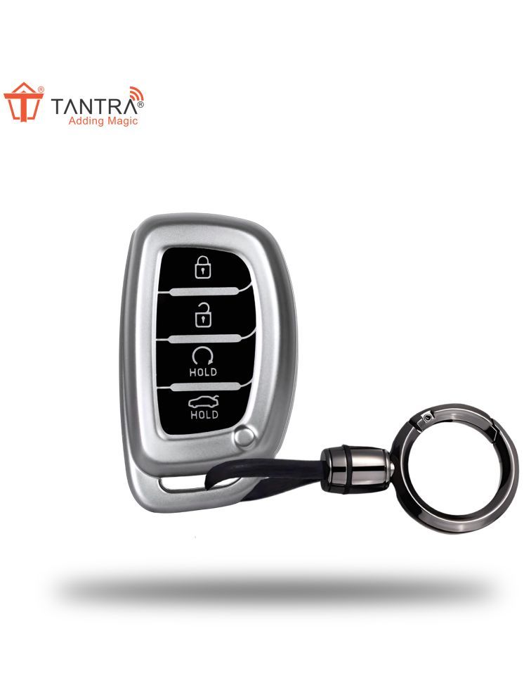     			TANTRA TPU Key Cover and Metal Keychain Compatible for Hyundai Alcazar and Creta 2021 2022 & 2023 Car 4 Button Smart Key Grey