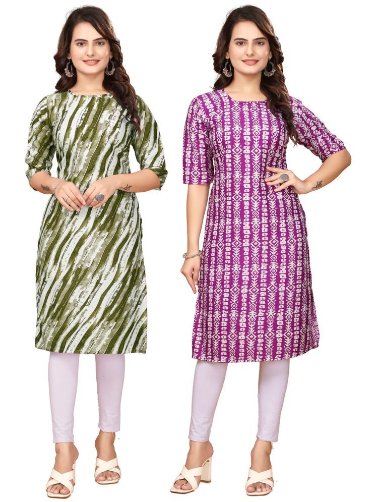     			VACHHARAJ GROUP Crepe Printed Straight Women's Kurti - Green,Lavender ( Pack of 2 )