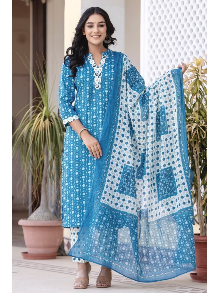     			Kohsh Cotton Printed Kurti With Pants Women's Stitched Salwar Suit - Blue ( Pack of 1 )