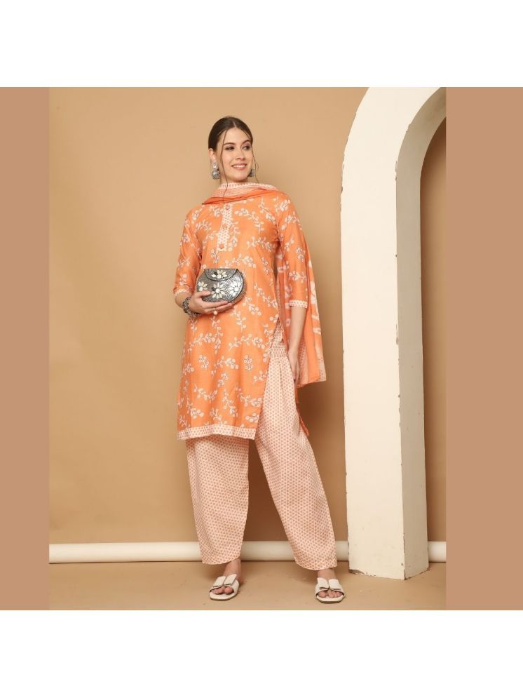     			Rajnandini Cotton Blend Printed Kurti With Patiala Women's Stitched Salwar Suit - Orange ( Pack of 1 )