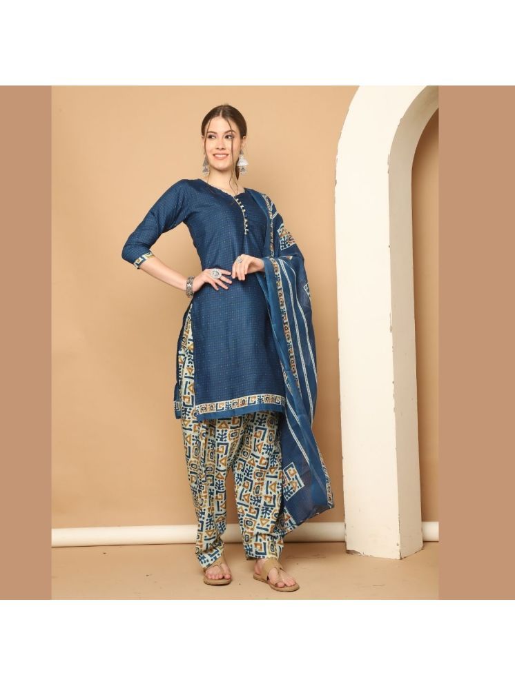     			Rajnandini Cotton Blend Printed Kurti With Patiala Women's Stitched Salwar Suit - Blue ( Pack of 1 )