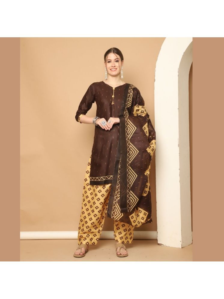     			Rajnandini Cotton Blend Printed Kurti With Patiala Women's Stitched Salwar Suit - Brown ( Pack of 1 )