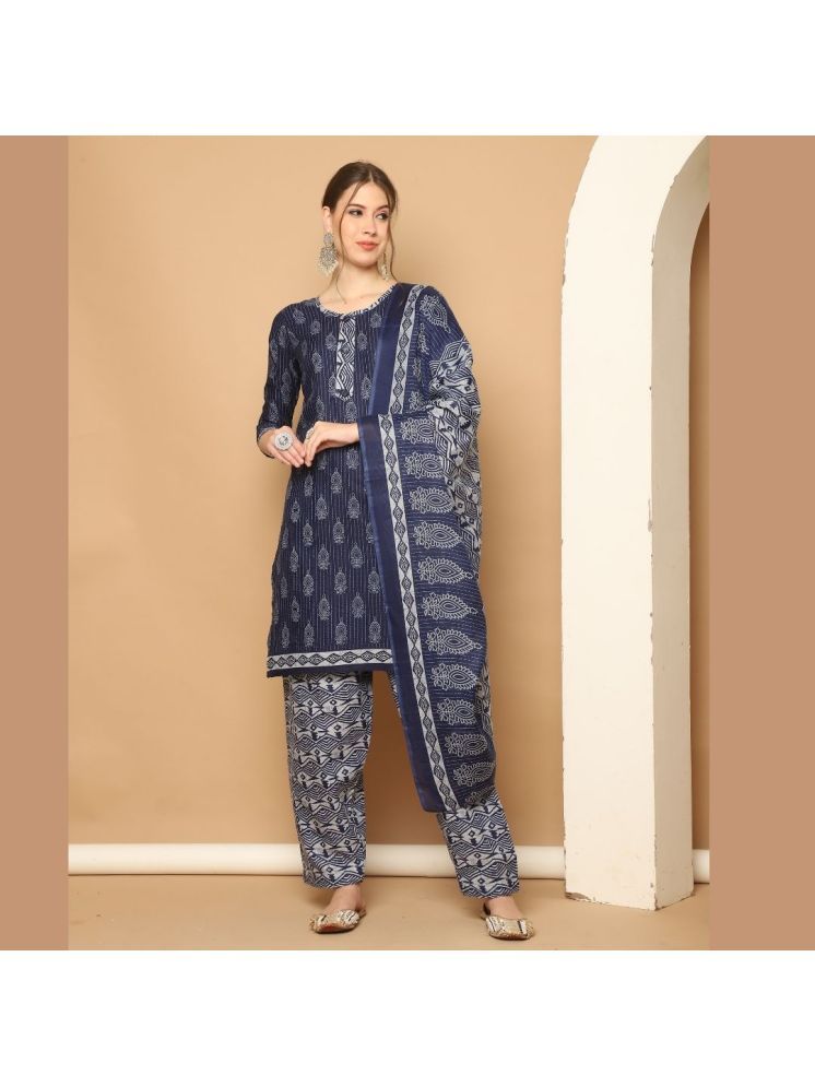     			Rajnandini Cotton Blend Printed Kurti With Patiala Women's Stitched Salwar Suit - Navy ( Pack of 1 )