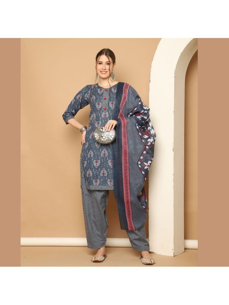     			Rajnandini Cotton Blend Printed Kurti With Patiala Women's Stitched Salwar Suit - Grey ( Pack of 1 )