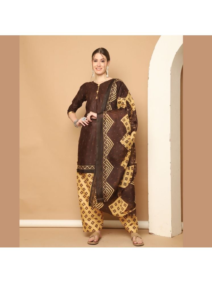     			Rajnandini Cotton Blend Printed Kurti With Patiala Women's Stitched Salwar Suit - Brown ( Pack of 1 )