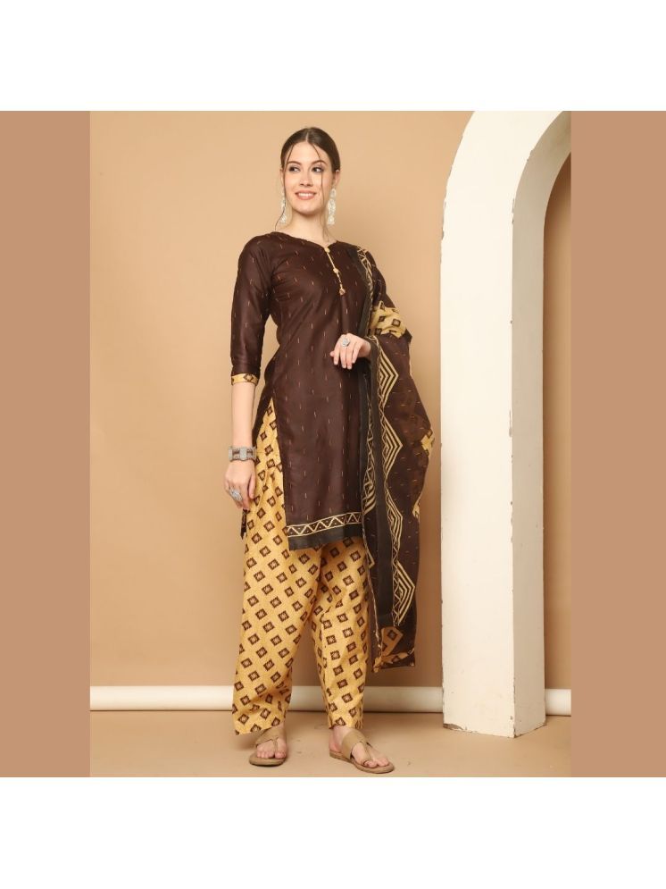     			Rajnandini Cotton Blend Printed Kurti With Patiala Women's Stitched Salwar Suit - Brown ( Pack of 1 )