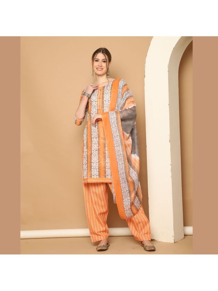     			Rajnandini Cotton Blend Printed Kurti With Patiala Women's Stitched Salwar Suit - Orange ( Pack of 1 )