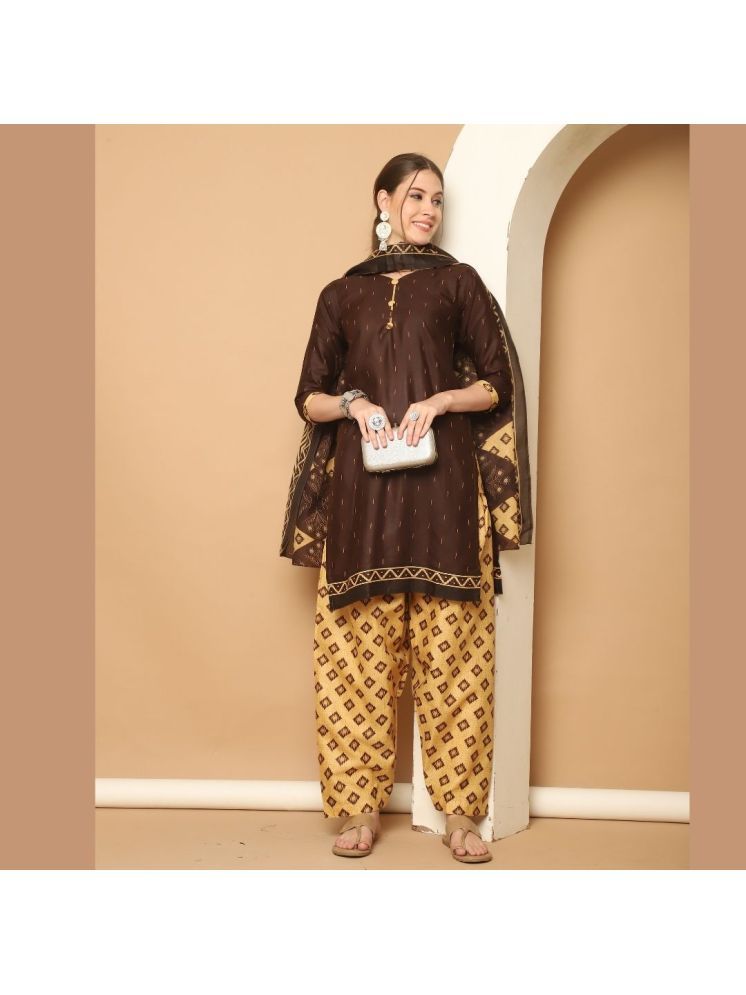     			Rajnandini Cotton Blend Printed Kurti With Patiala Women's Stitched Salwar Suit - Brown ( Pack of 1 )