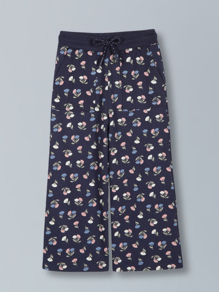     			PlumTree Girls Flower AOP & Crown Stone wide leg relaxed Fit Cotton Trouser - Mid Navy