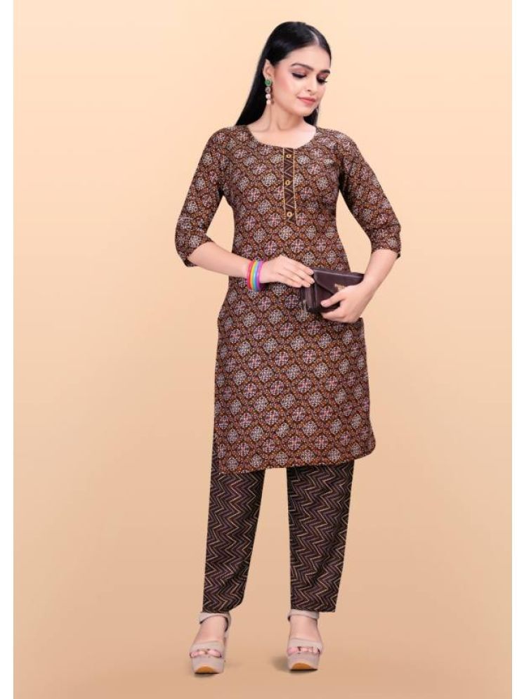     			INDIAN SILKS Cotton Printed Kurti With Pants Women's Stitched Salwar Suit - Brown ( Pack of 1 )