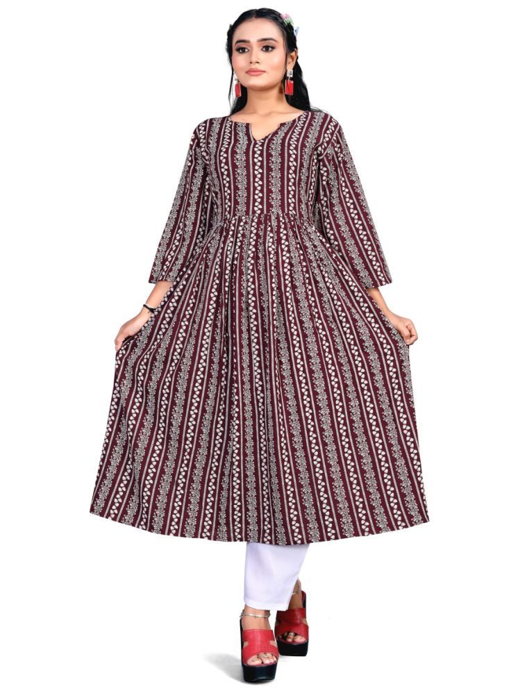     			INDIAN SILKS Rayon Printed Kurti With Pants Women's Stitched Salwar Suit - Maroon ( Pack of 1 )