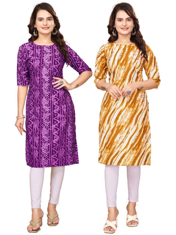     			VACHHARAJ GROUP Crepe Printed Straight Women's Kurti - Purple,Yellow ( Pack of 2 )