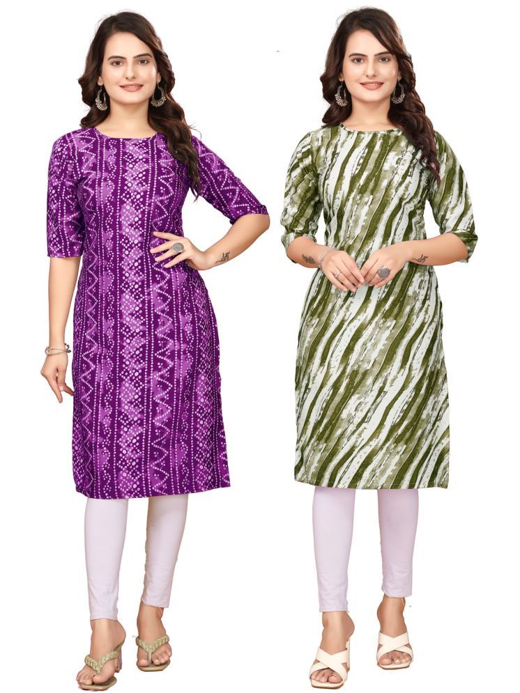     			VACHHARJ GROUP Crepe Printed Straight Women's Kurti - Purple,Green ( Pack of 2 )