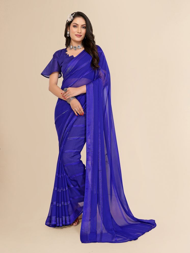     			ANAND SAREES Satin Striped Saree With Blouse Piece - Blue ( Pack of 1 )