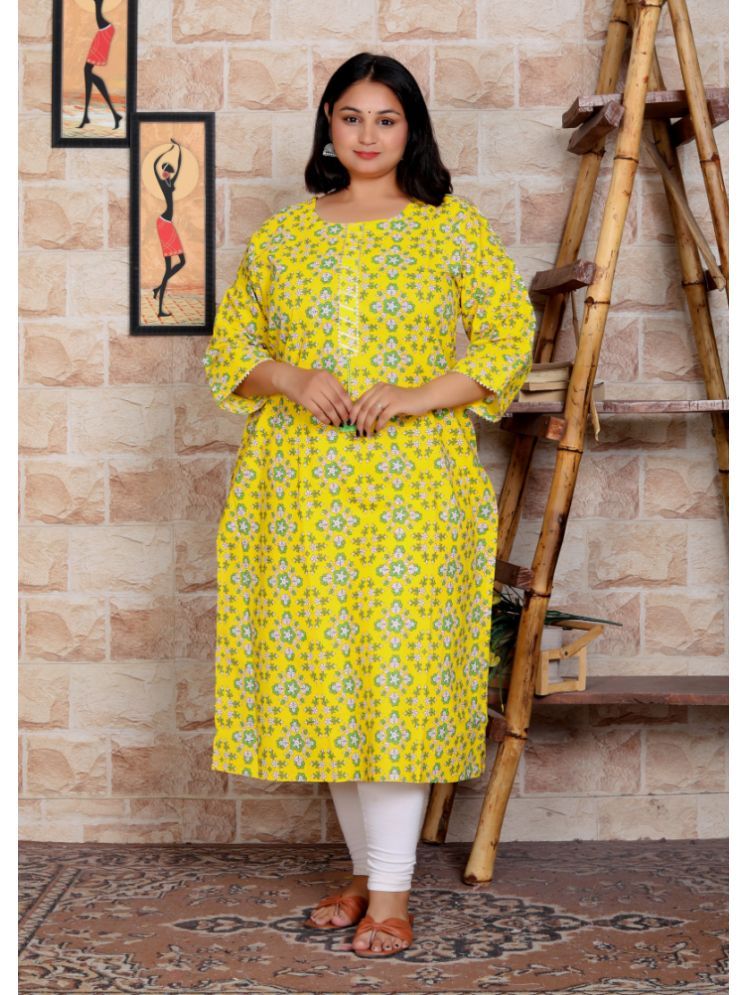     			HIGHLIGHT FASHION EXPORT Cotton Blend Printed Straight Women's Kurti - Yellow ( Pack of 1 )