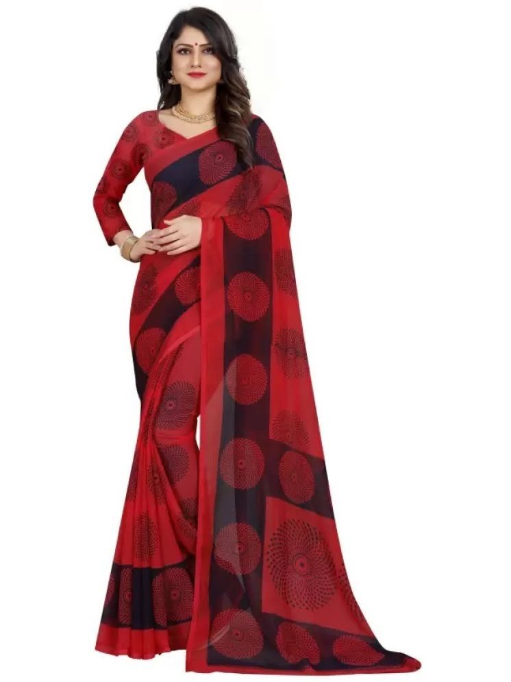     			INDIAN SILKS Chiffon Printed Saree With Blouse Piece - Red ( Pack of 1 )