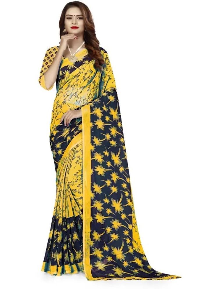     			INDIAN SILKS Chiffon Printed Saree With Blouse Piece - Yellow ( Pack of 1 )