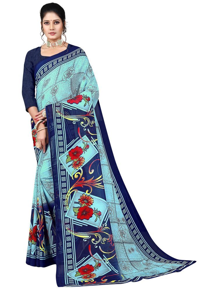     			INDIAN SILKS Georgette Printed Saree With Blouse Piece - Blue ( Pack of 1 )