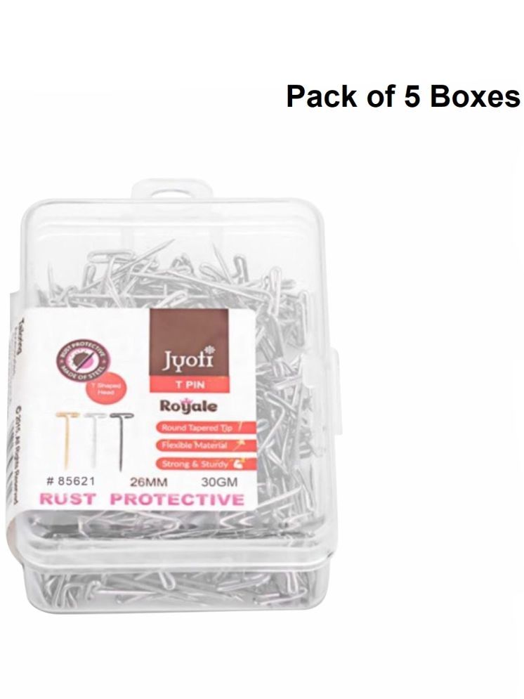     			Jyoti T Pin - Royale (30 Grams of Size 0.85 x 26mm of Steel in Electroplated Finish in a Plastic Box) Ideal for Garment Cloth Packing, Wig Making, Paper, Office, Stationery, Home, and Shop - Pack of 5 Boxes