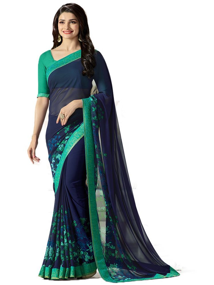     			KSNDV Trendz Georgette Printed Saree With Blouse Piece - Blue ( Pack of 1 )