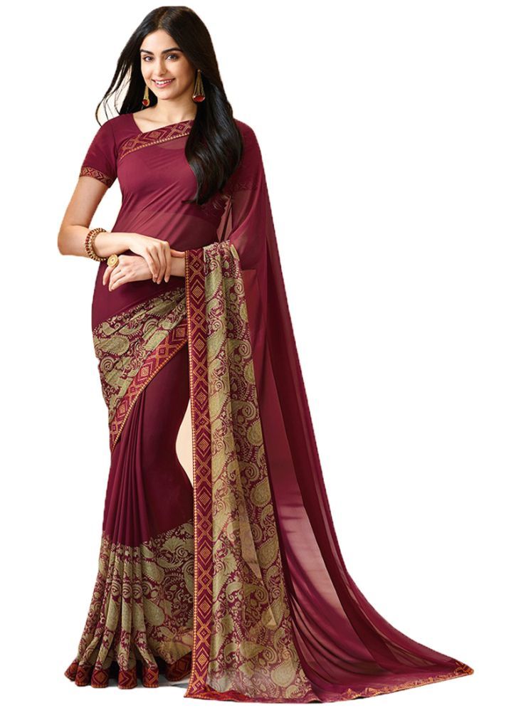     			KSNDV Trendz Georgette Printed Saree With Blouse Piece - Maroon ( Pack of 1 )