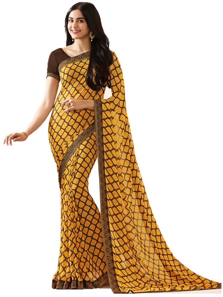     			KSNDV Trendz Georgette Printed Saree With Blouse Piece - Yellow ( Pack of 1 )