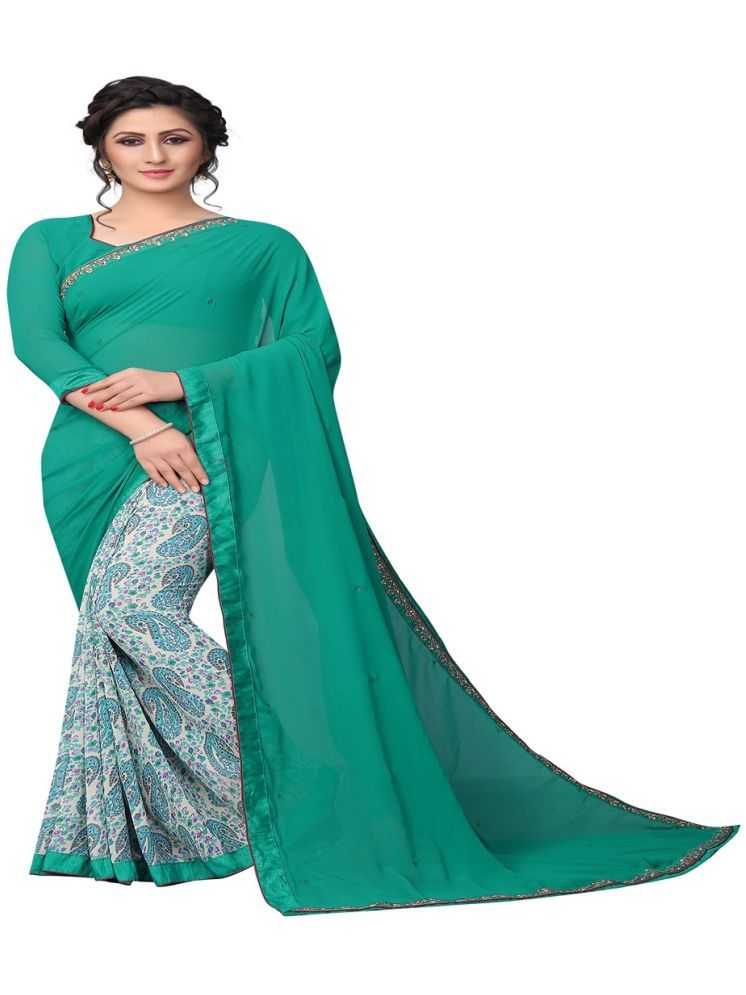     			KSNDV Trendz Georgette Printed Saree With Blouse Piece - Sea Green ( Pack of 1 )