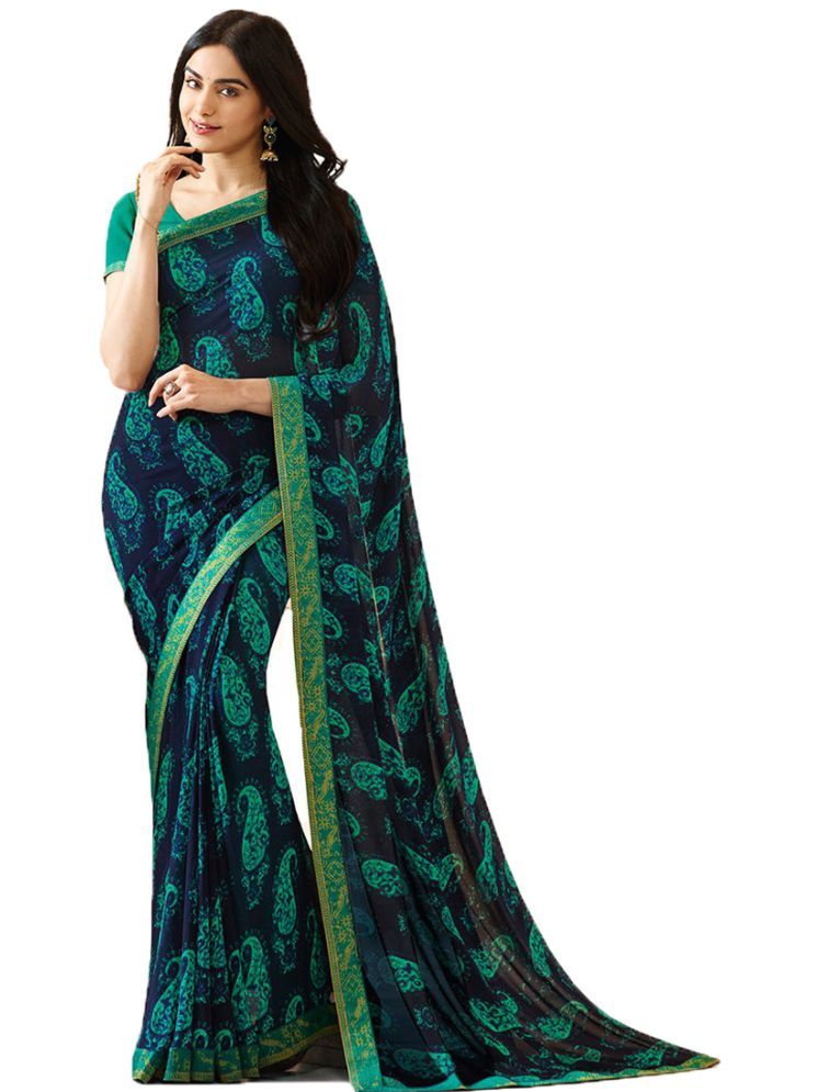     			KSNDV Trendz Georgette Printed Saree With Blouse Piece - LightBLue ( Pack of 1 )