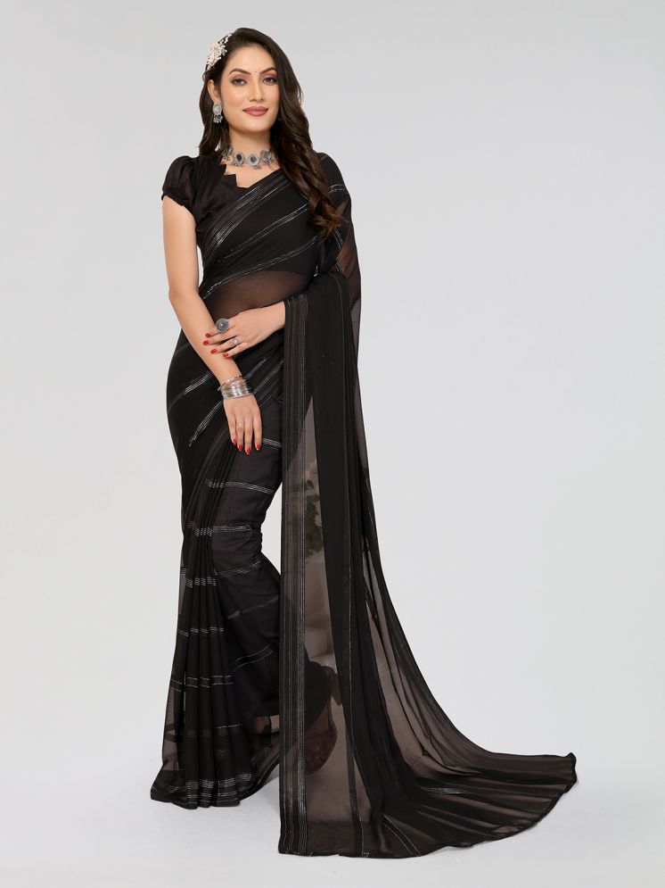     			Kashvi Sarees Satin Striped Saree With Blouse Piece - Black ( Pack of 1 )