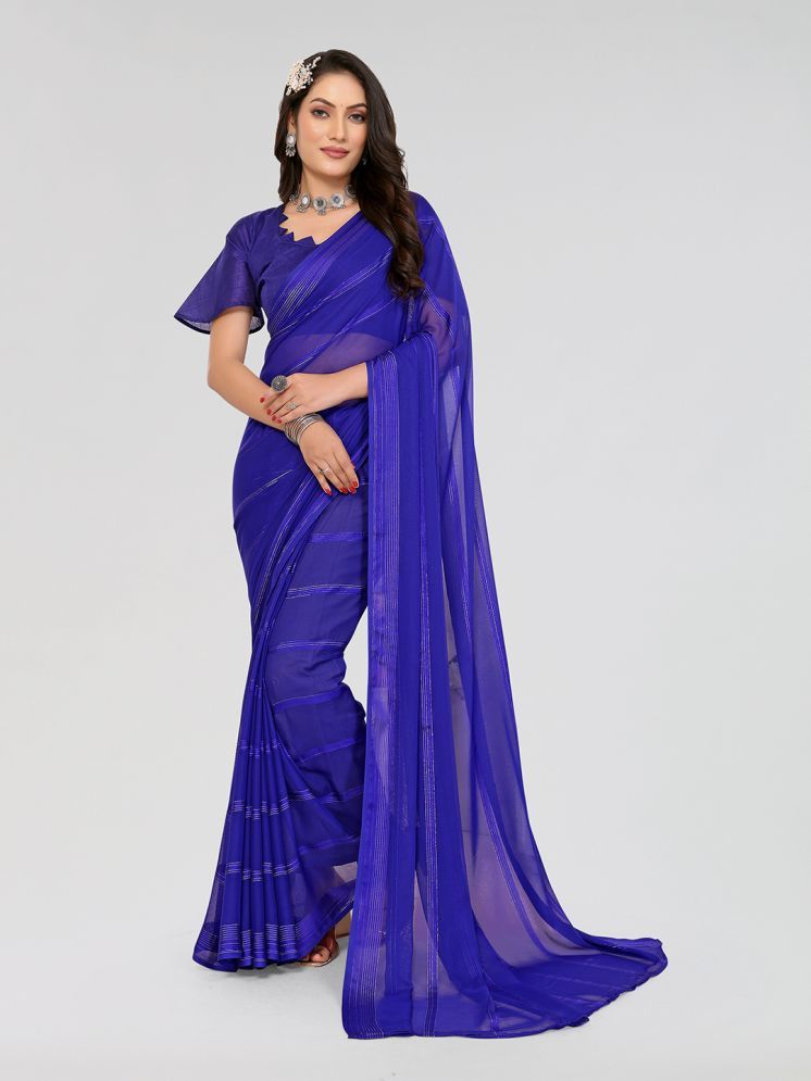     			Kashvi Sarees Satin Striped Saree With Blouse Piece - Blue ( Pack of 1 )