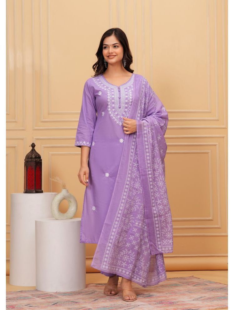     			SAREEKART FAB Cotton Embroidered Kurti With Pants Women's Stitched Salwar Suit - Lavender ( Pack of 1 )