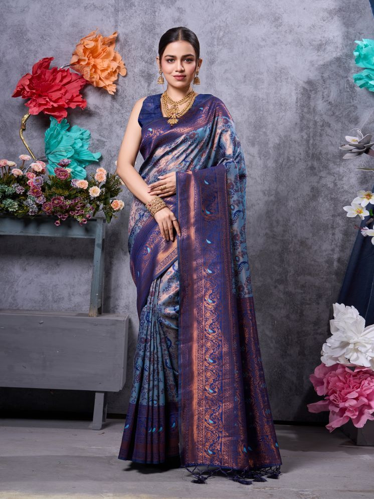     			Saree Exotica Kanjivaram Silk Woven Saree With Blouse Piece - Blue ( Pack of 1 )