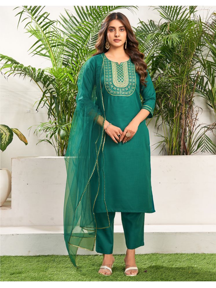     			Skylee Cotton Blend Embroidered Kurti With Pants Women's Stitched Salwar Suit - Teal ( Pack of 1 )